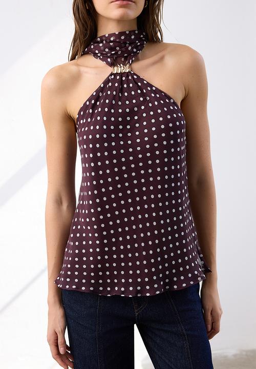 Trendyol - Polka Dot Halter Neck Blouse - Dark Burgundy