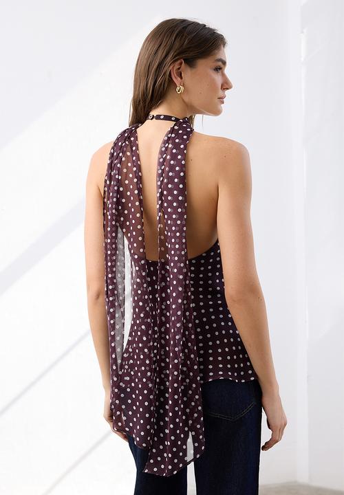 Trendyol - Polka Dot Halter Neck Blouse - Dark Burgundy