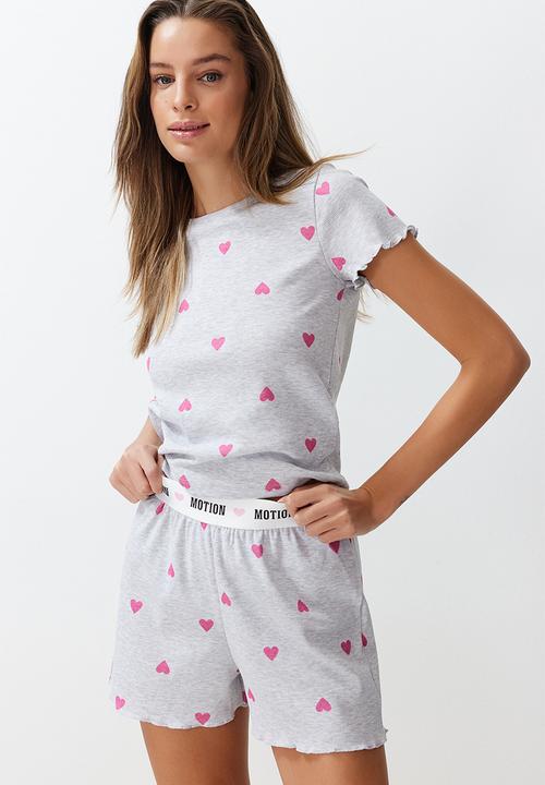 Trendyol - Heart-printed slogan pajama shorts set - gray melange