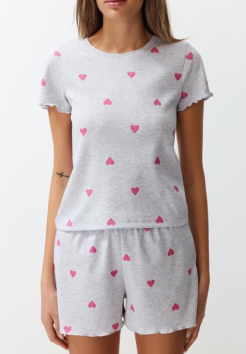 Trendyol - Heart-printed slogan pajama shorts set - gray melange
