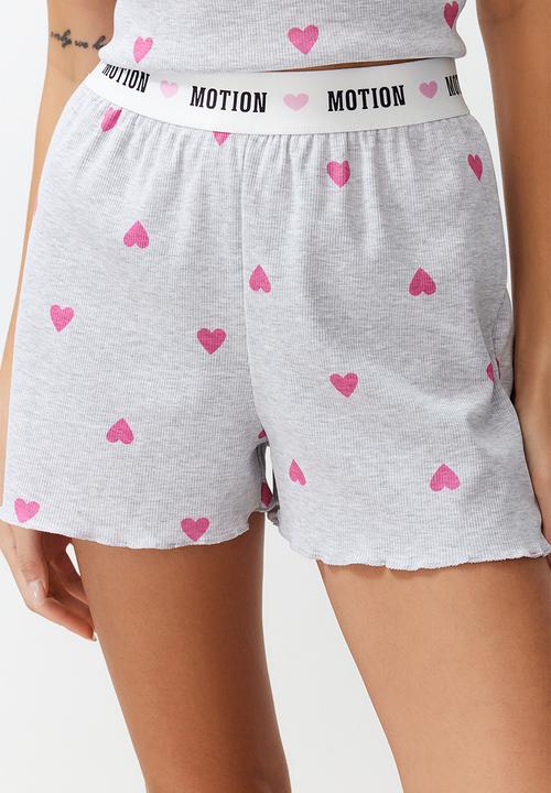 Trendyol - Heart-printed slogan pajama shorts set - gray melange