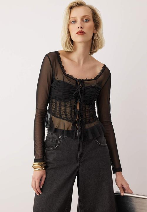 Trendyol - Lace Gathered Tulle Blouse - Black