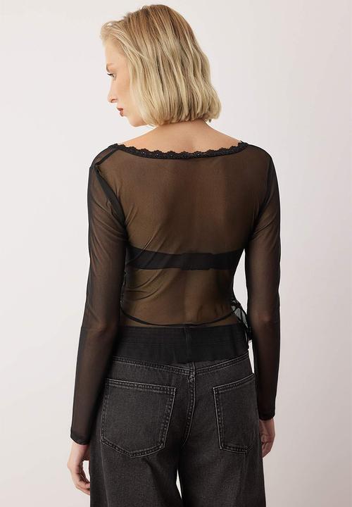 Trendyol - Lace Gathered Tulle Blouse - Black