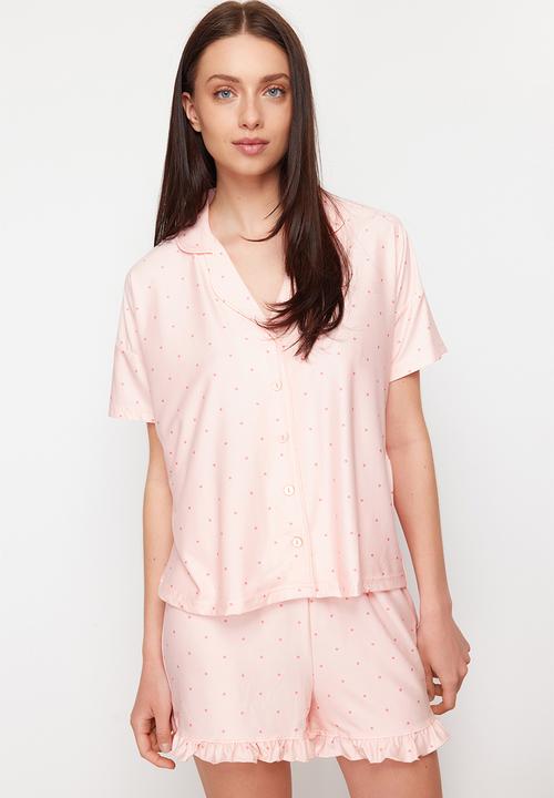 Trendyol - Knitted pajama set with polka dot - salmon