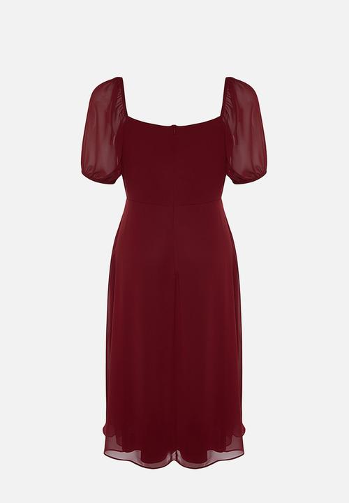 Trendyol - Plus Woven Slit Dress - Burgundy