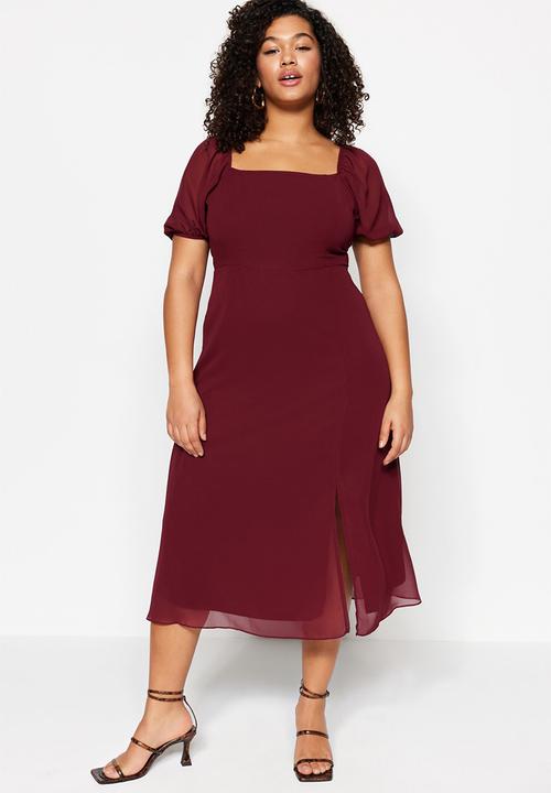 Trendyol - Plus Woven Slit Dress - Burgundy