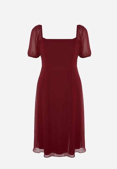 Trendyol - Plus Woven Slit Dress - Burgundy