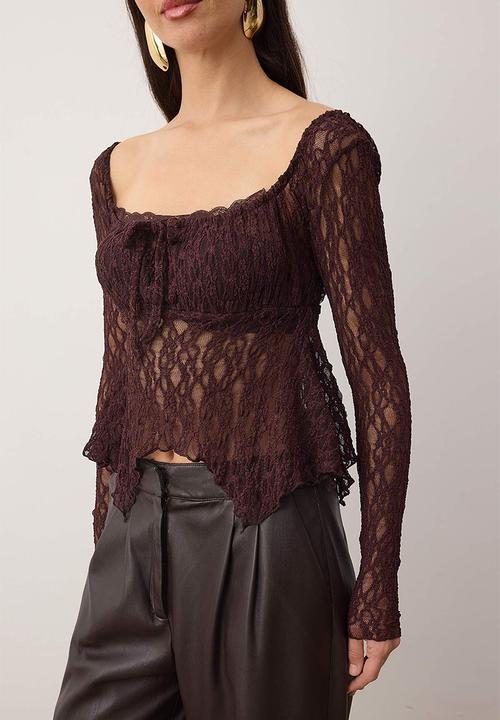 Trendyol - Square Collar Lace Blouse - Burgundy