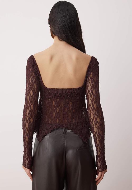 Trendyol - Square Collar Lace Blouse - Burgundy