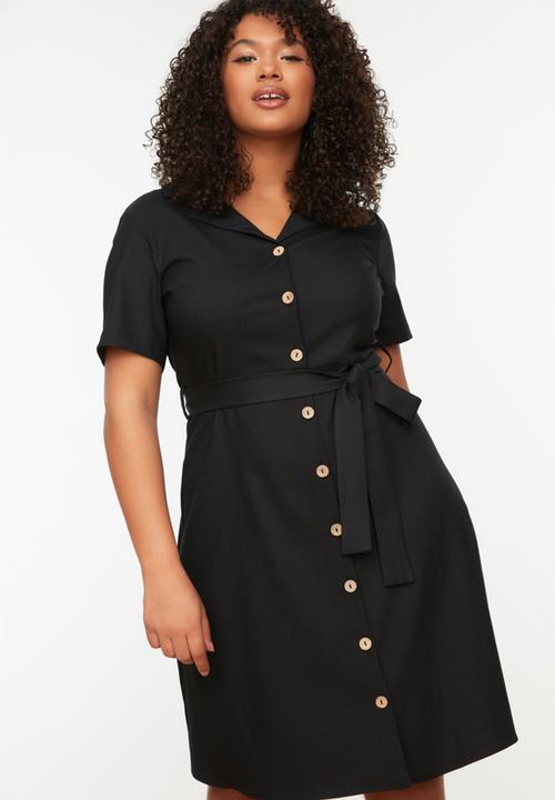Trendyol - Plus Midi Shirt Dress Belted and Buttoned - Black