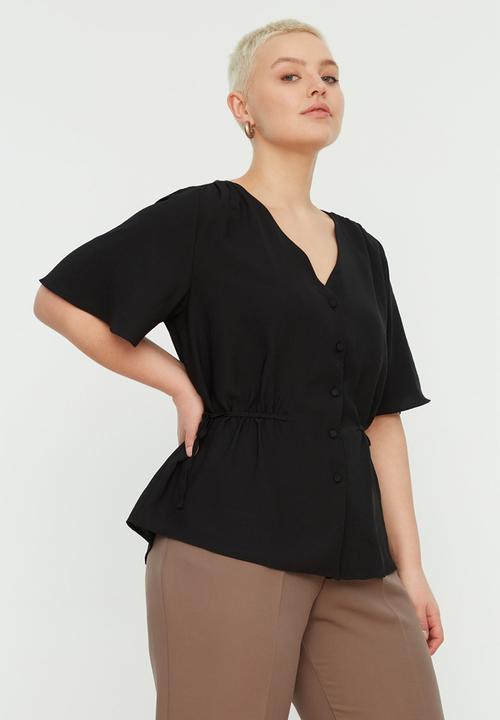 Trendyol - Plus Woven V-NeckTie -Up Blouse - Black