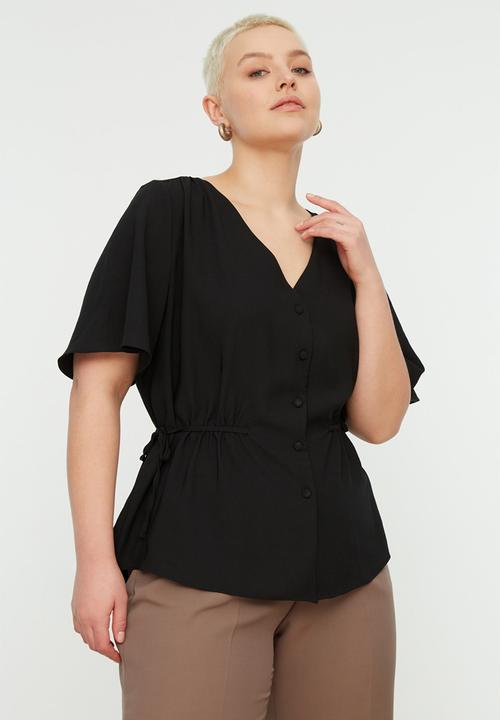 Trendyol - Plus Woven V-NeckTie -Up Blouse - Black