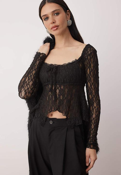 Trendyol - Square Collar Lace Blouse - Black