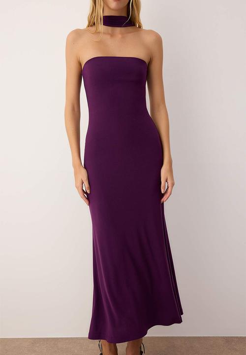 Trendyol - Knitted Neck Detail Maxi Unlined Dress - Plum