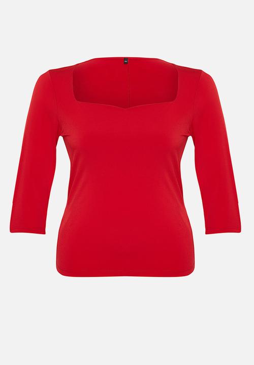 Trendyol - Plus Heart Collar Body-Sitting Knitted Blouse - Red