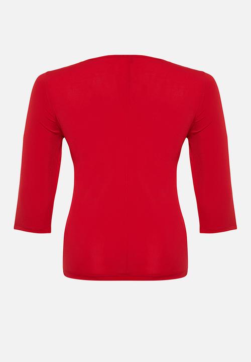 Trendyol - Plus Heart Collar Body-Sitting Knitted Blouse - Red