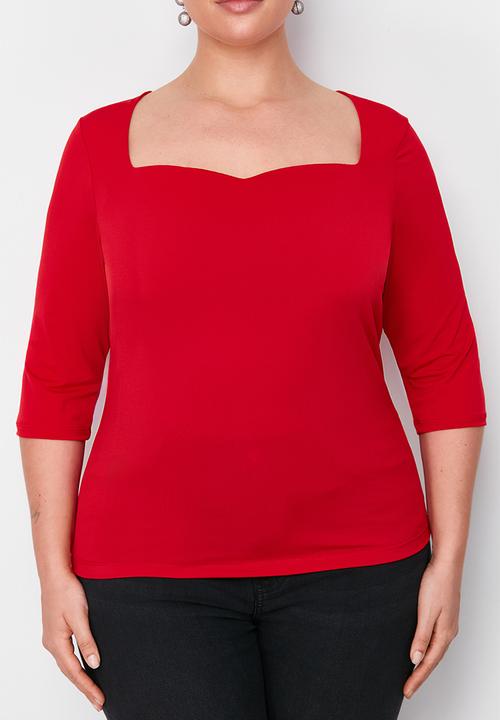 Trendyol - Plus Heart Collar Body-Sitting Knitted Blouse - Red