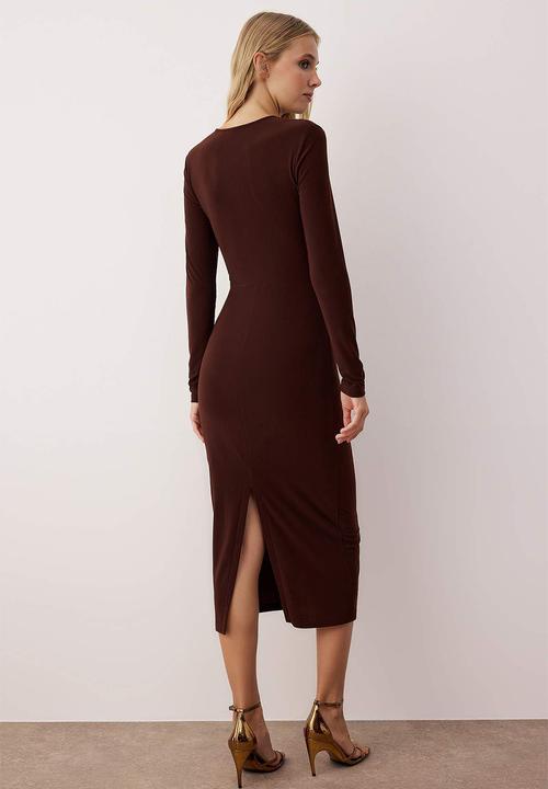Trendyol - Cut-Out Detailed Accessory Knitted Midi Lined Dress - Brown