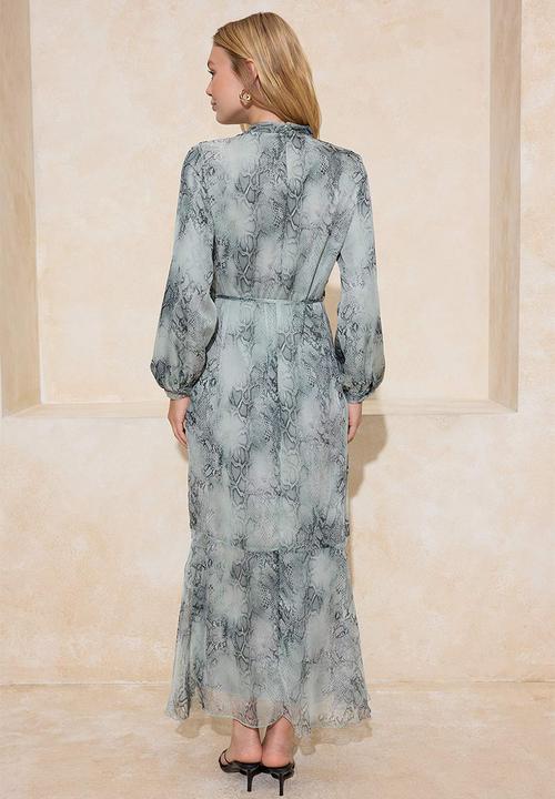 Trendyol - Snake Pattern Lined Chiffon Dress - Green