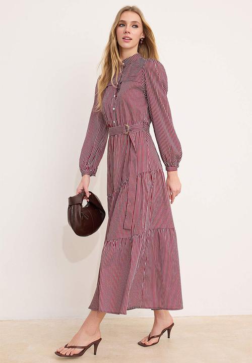 Trendyol - Striped Woven Terrycotton Dress - Burgundy