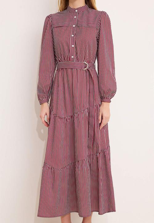 Trendyol - Striped Woven Terrycotton Dress - Burgundy