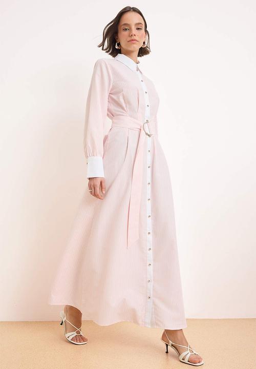 Trendyol - Belted Striped Woven Terrycotton Dress - Light Pink