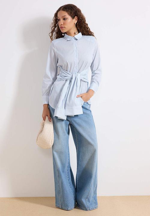 Trendyol - Striped Front Tie Detailed Woven Shirt - Blue