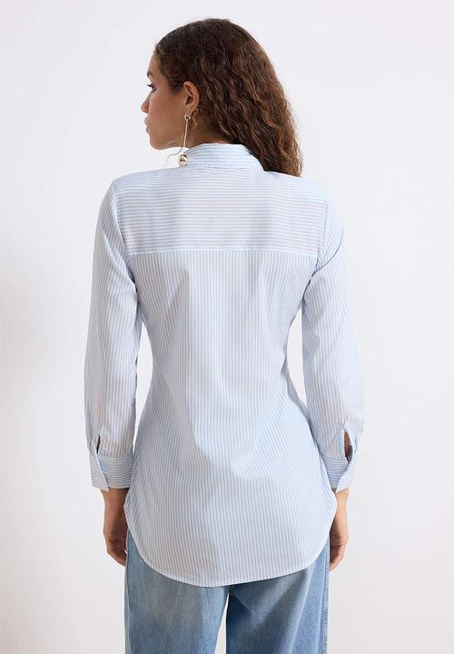 Trendyol - Striped Front Tie Detailed Woven Shirt - Blue