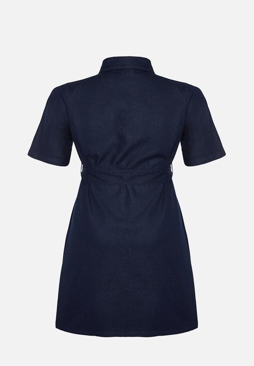 Trendyol - Plus Belt Detailed 100% Cotton Denim Shirt Dress - Dark Blue