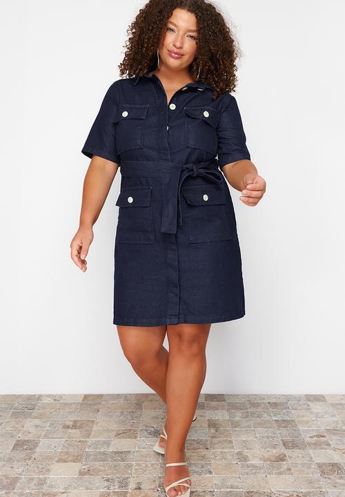 Trendyol - Plus Belt Detailed 100% Cotton Denim Shirt Dress - Dark Blue
