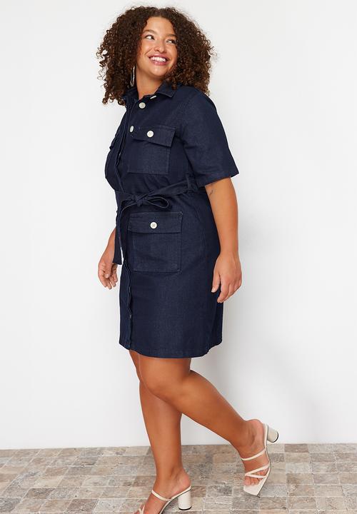 Trendyol - Plus Belt Detailed 100% Cotton Denim Shirt Dress - Dark Blue
