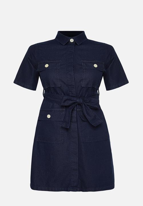 Trendyol - Plus Belt Detailed 100% Cotton Denim Shirt Dress - Dark Blue