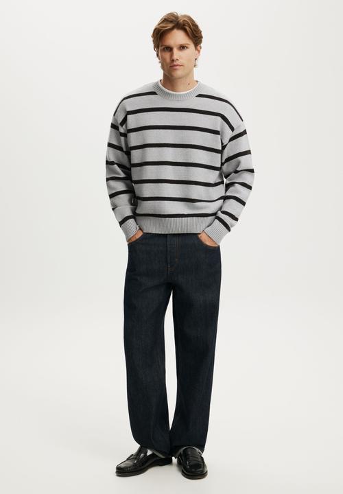 Cotton On - Box Fit Crew Knit - Grey Marle Bold Stripe
