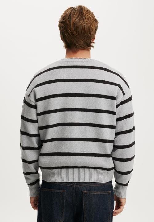 Cotton On - Box Fit Crew Knit - Grey Marle Bold Stripe