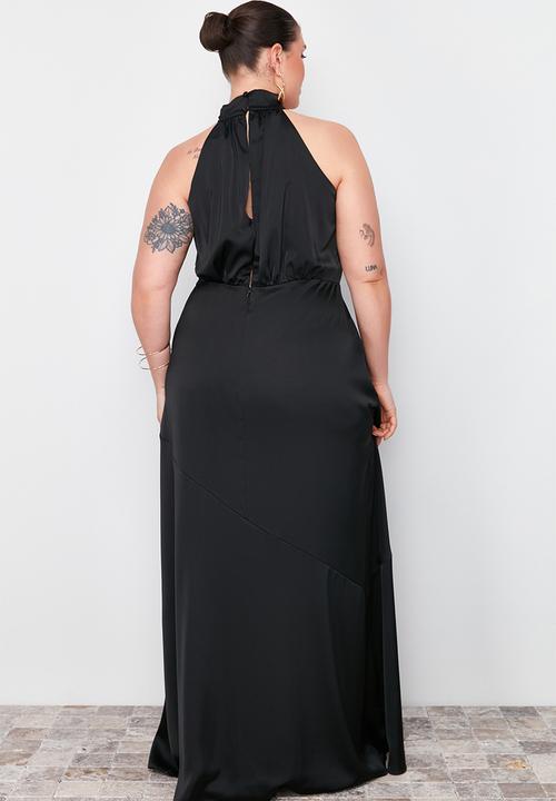 Trendyol - Plus Halter Neck Satin Maxi/Long Evening Dress - Black