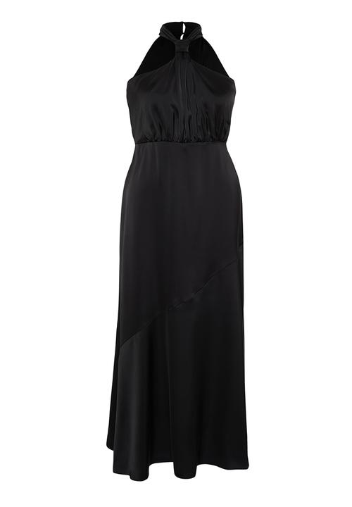 Trendyol - Plus Halter Neck Satin Maxi/Long Evening Dress - Black