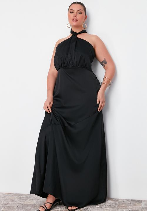 Trendyol - Plus Halter Neck Satin Maxi/Long Evening Dress - Black