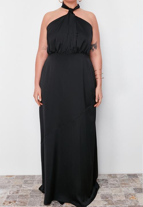 Trendyol - Plus Halter Neck Satin Maxi/Long Evening Dress - Black