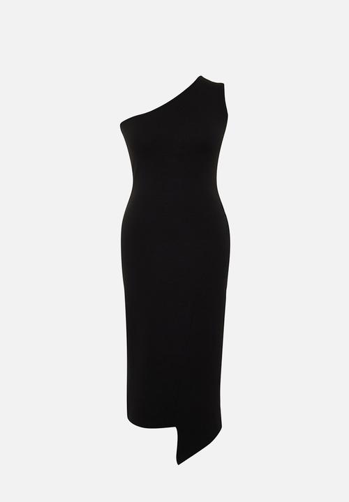 Trendyol - Plus Single Shoulder Asymmetrical Knitted Dress - Black