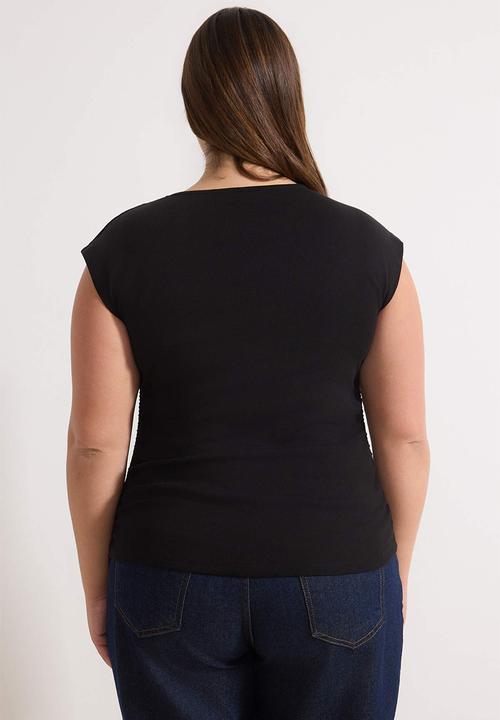Trendyol - Plus Soft Fabric Asymmetric Collar 100% Cotton Knitted Blouse - Bllack