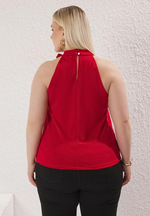 Trendyol - Plus Halter Neckline Lacing Detail Knitted Blouse - Red