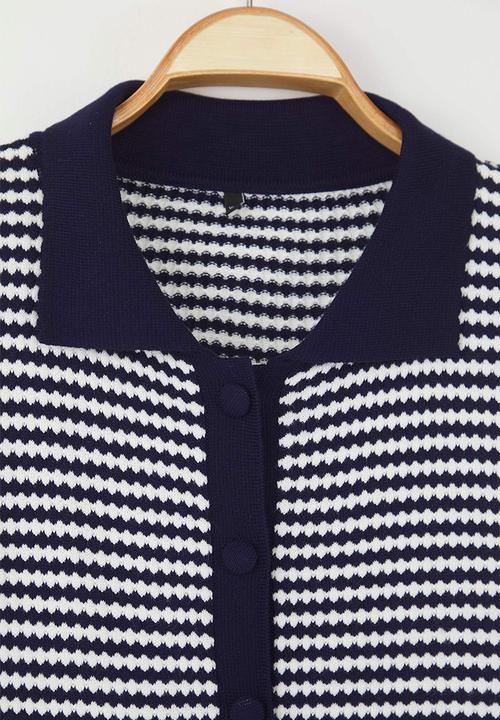 Trendyol - Plus Polo Collar Striped Knitwear Blouse - Navy Blue