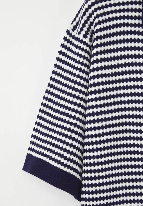 Trendyol - Plus Polo Collar Striped Knitwear Blouse - Navy Blue