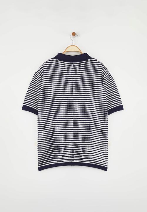 Trendyol - Plus Polo Collar Striped Knitwear Blouse - Navy Blue