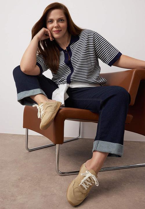 Trendyol - Plus Polo Collar Striped Knitwear Blouse - Navy Blue