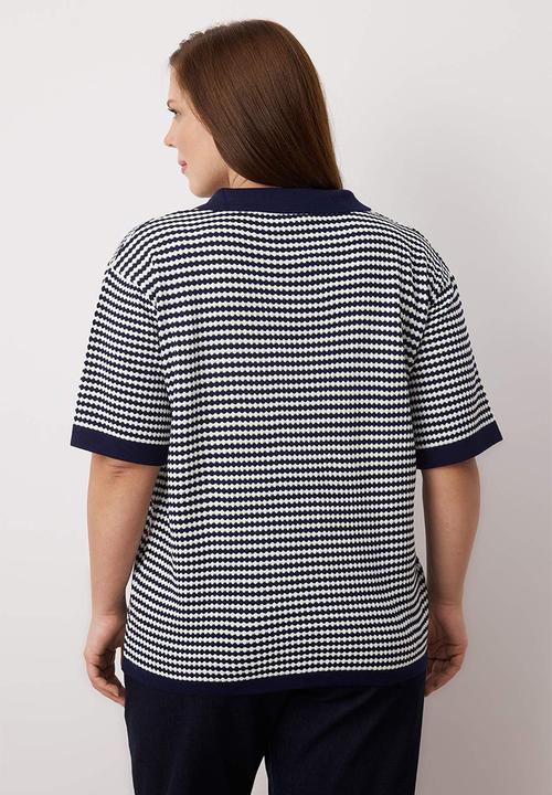 Trendyol - Plus Polo Collar Striped Knitwear Blouse - Navy Blue
