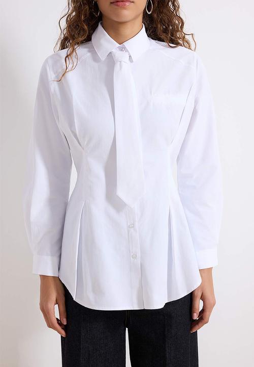 Trendyol - Cotton Fabric Tie Detailed Woven Shirt - White