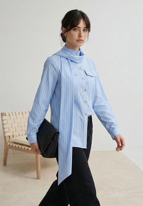 Trendyol - Striped Shawl Collar Detailed Shirt - Blue