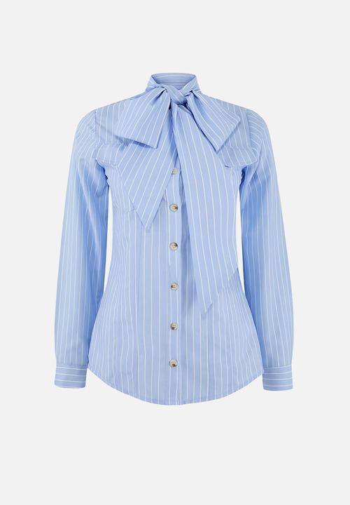 Trendyol - Striped Shawl Collar Detailed Shirt - Blue