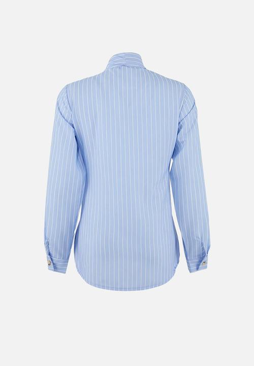 Trendyol - Striped Shawl Collar Detailed Shirt - Blue